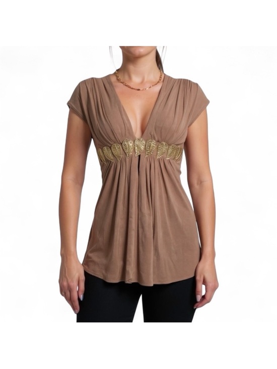 Sky Tops - Sky Taupe V-Neck Empire Waist Top with Gold leaf Embellishment